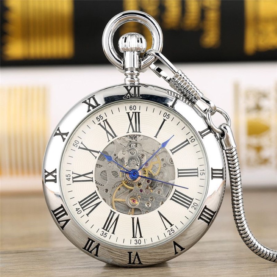 Steampunk Vintage argent doré automatique mécanique montre de poche hommes femmes squelette cadran montres pendentif chaîne horloge reloj de bol246E