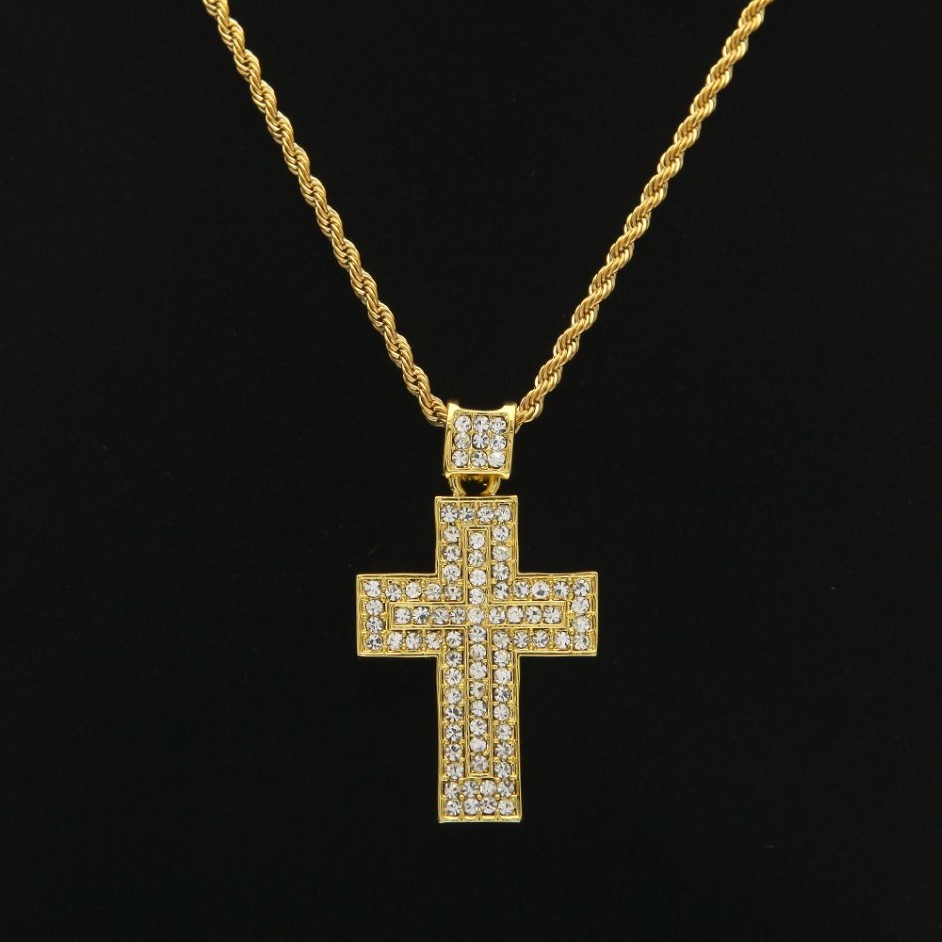 Mens Hip Hop Jewelry 18K Gold Silver Plated Fashion Bling Bling Cross Pendant Men Necklace For Gift Present Christian226d