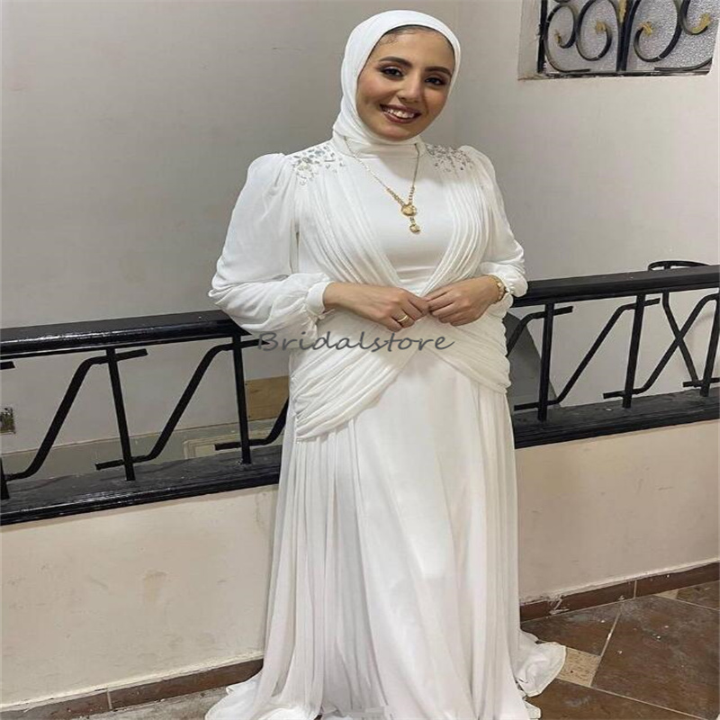 Romantic Muslim Wedding Dresses 2024 Elegant Crystal Long Sleeve Boho Bride Dress Gatsby Civil Beach Bridal Gowns Vestidos Novias Turkey Dubai Robes De Mariee