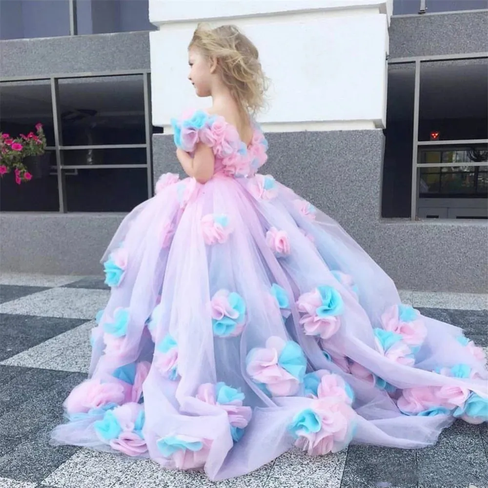 Pretty Colorful Flower Girl Dresses Off Shoulder Puffy 3D Flowers Princess Ball Gowns Little Girl`s Formal Birthday Wedding Dress Todder First Communion Gown CL3332