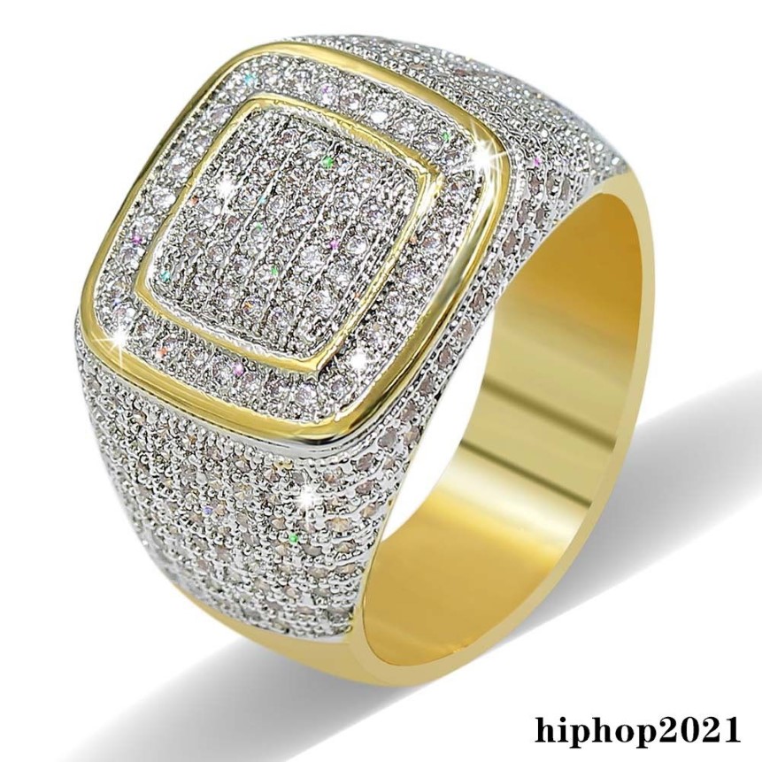 Hiphop CZ Diamond Rings for Mens Full Diamond Square Gold Plated Jewelriy2521