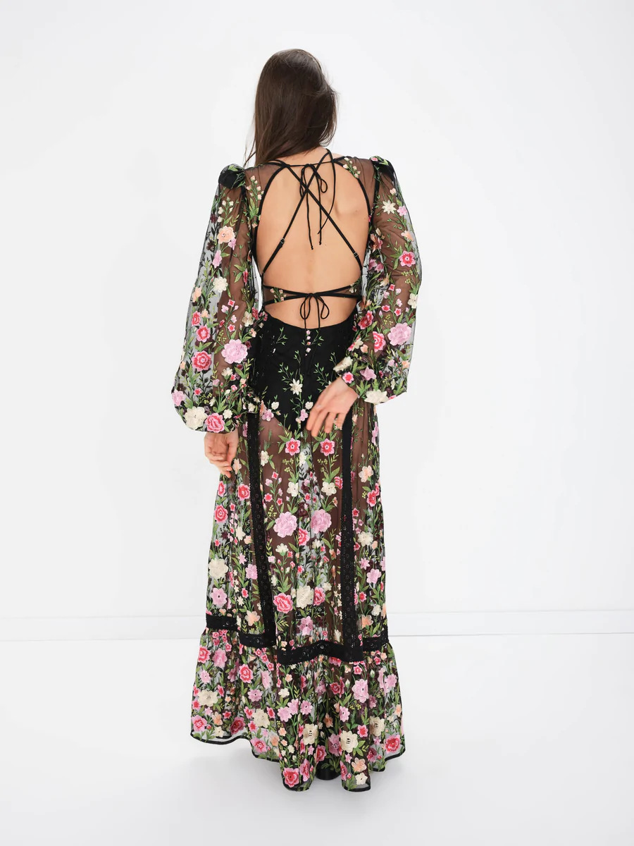 Casual Dresses Women's Sheer Mesh Floral Print Dress Långärm V Neck Backless See Through Cover Ups Boho Summer Beach Up