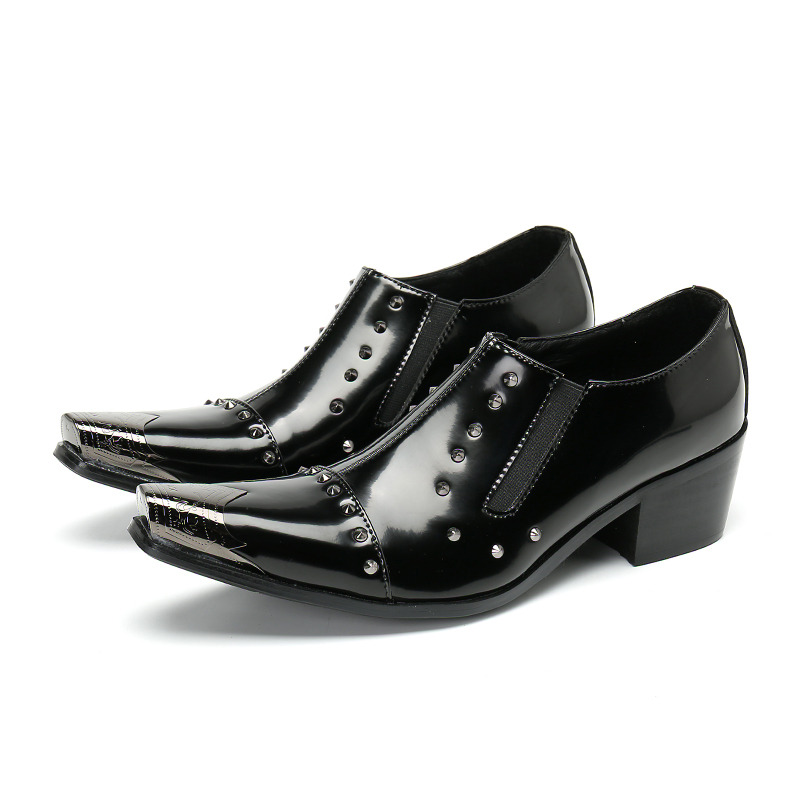 Sapatos masculinos de salto alto feitos à mão, 6.5cm, ponta de ferro, sapatos sociais, couro preto, sapatos de negócios, festa e casamento para homens, 38-47