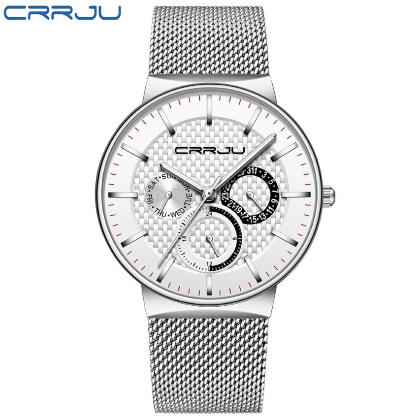 Мужские часы CRRJU Лучший бренд Роскошные водонепроницаемые ультратонкие часы с датой Мужской стальной ремешок Повседневные кварцевые часы Белые спортивные наручные часы L294T