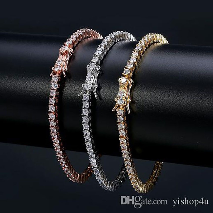 Bracelety tenisowe 3 mm Hip Hop Bracelets CZ Paved for Men Women Jewelry Bransoletka Męska Biżuteria Złota Srebrna Rose Gold 7 cala 8 cali 3183