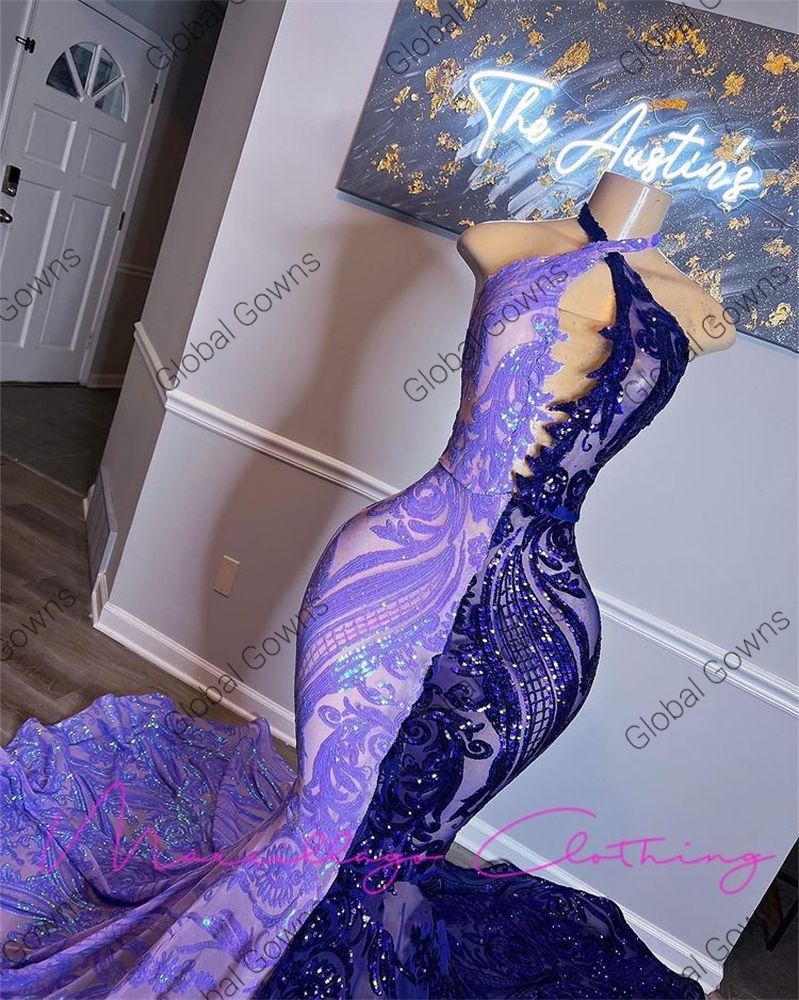 Sparkly Sequined Mermaid Long Prom Dresses Black Girls Halter ärmlös aftonklänningsfestklänningar Robes Vestidos Noche BC15518 0227