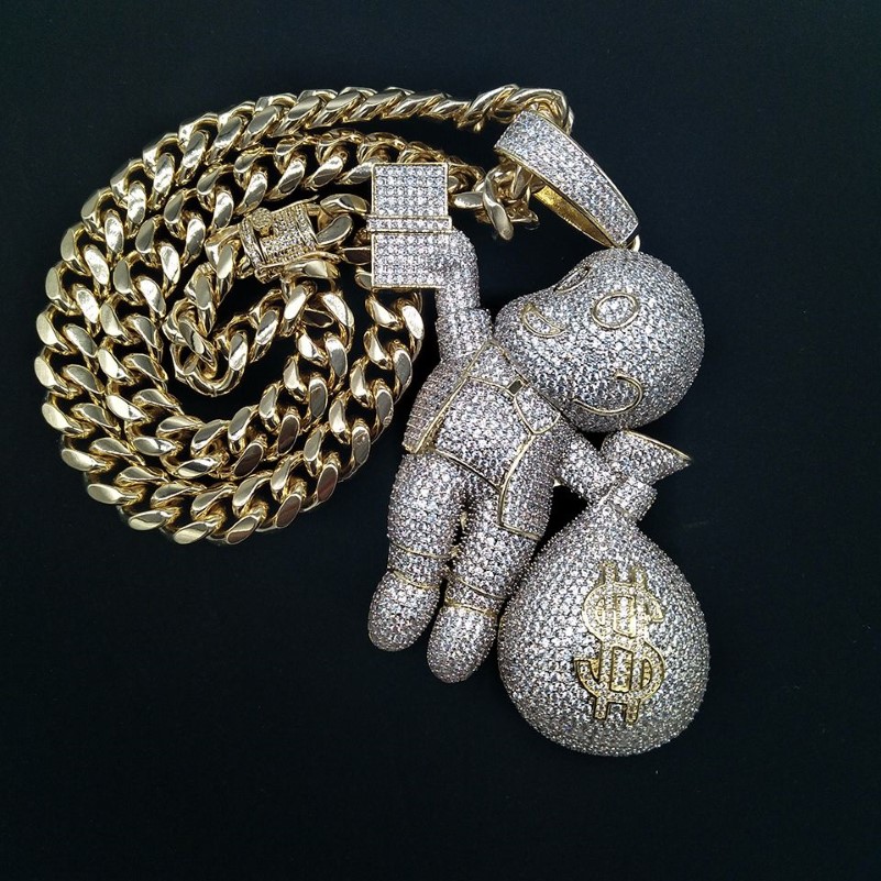 Novo personalizado 18k banhado a ouro hip hop dos desenhos animados menino com grande saco de dinheiro pingente colar ed corrente gelada cz zircônia jóias233q