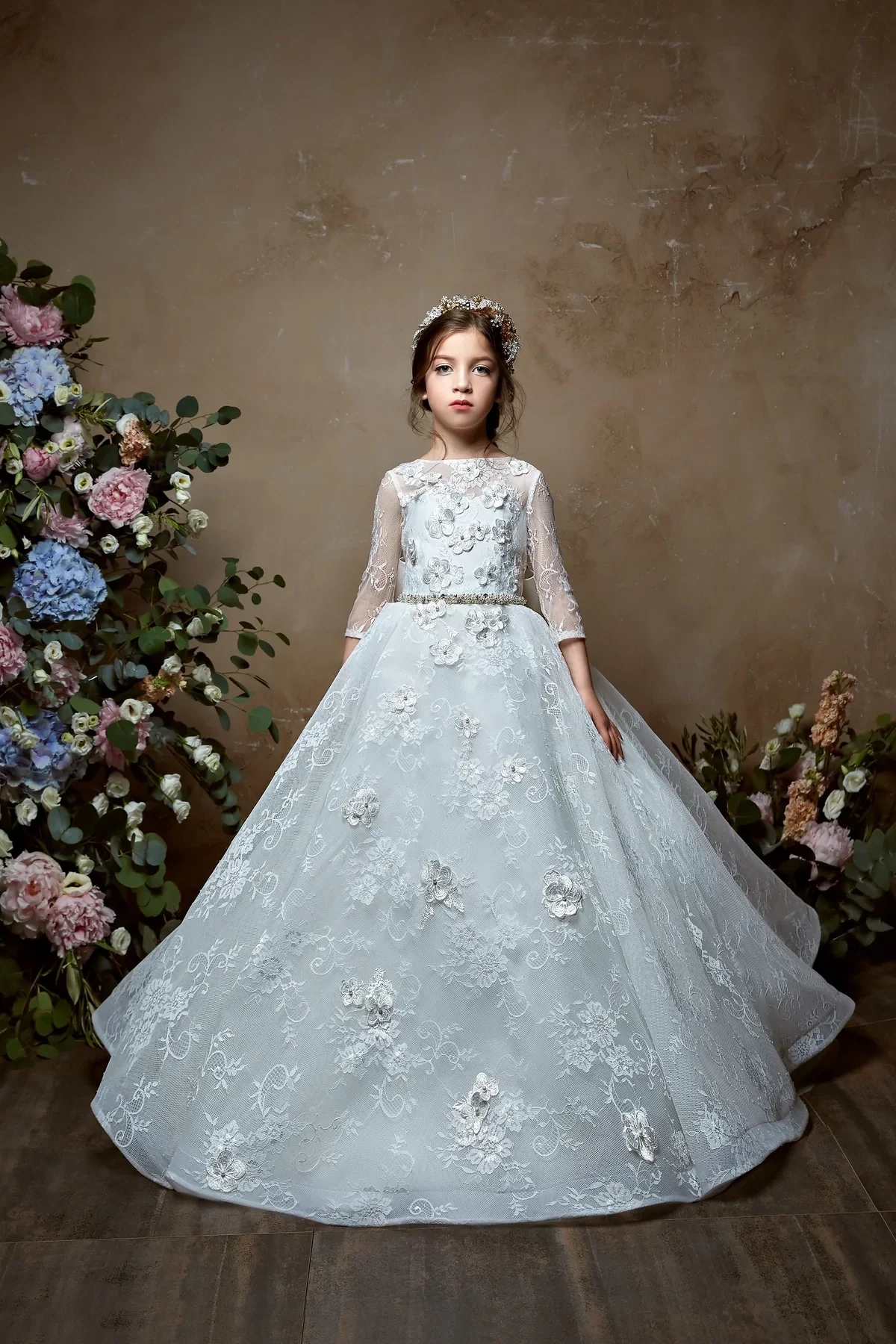 vestidos de primera comunion 2024 pentelei 2338 Fully Lace Baby Kids First Communion Dress for Little Girls Long Flower Girl Gown 3/4 Long Sleeves Sweep Train