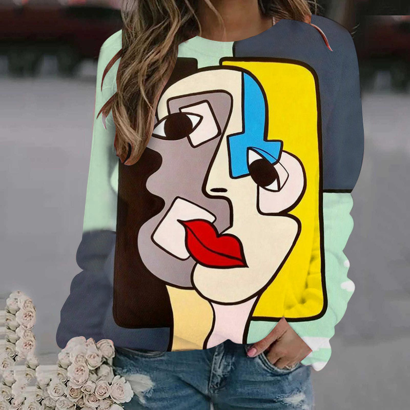 Lente 3D digitaal bedrukte dameshoodie met abstract gezichtsstikpatroon, lange mouwen los