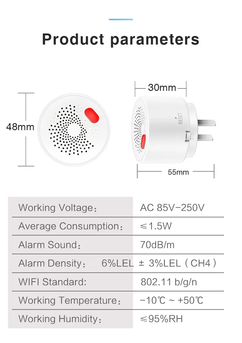 Détecteur Tuya EU DÉTECTOYAGE DE GAZ 70DB DÉCHETTE DE GAZ APPLICATION DES NOTIFICATIONS ALARME ALARM