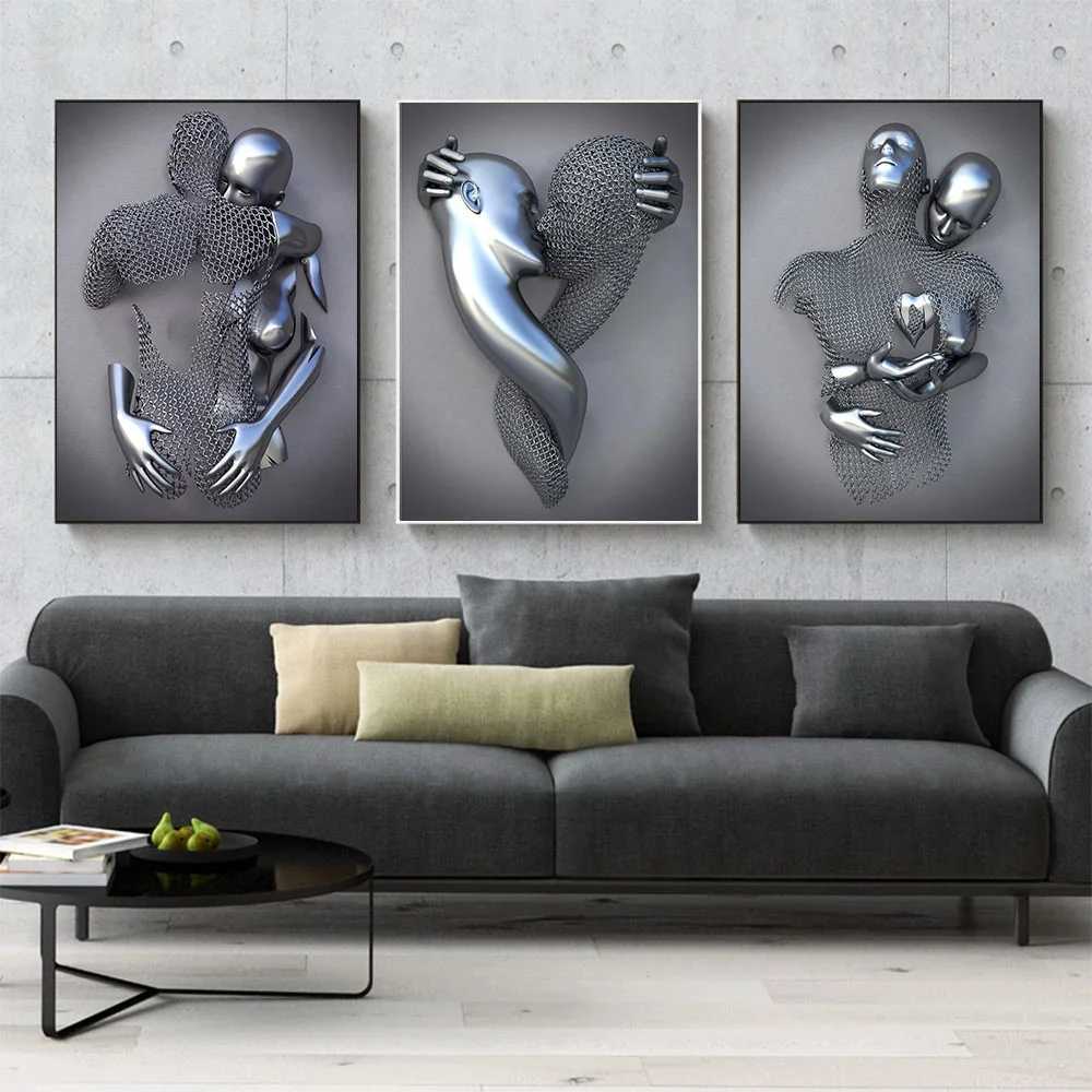 Paintings Metal Figure Statue Art Canvas Painting Posters and Prints Modern Lovers Sculpture Wall Pictures for Living Room Home Decoration