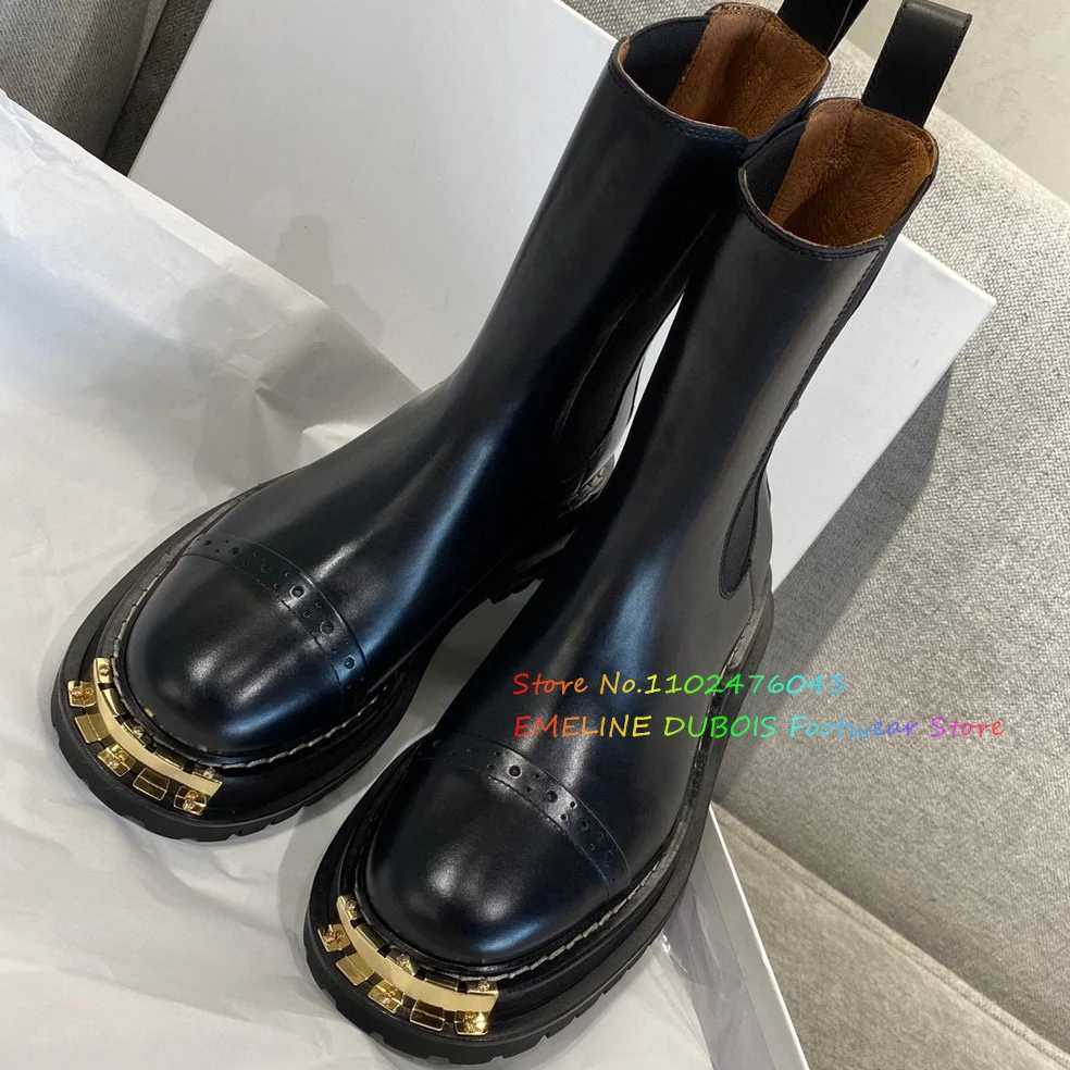 Boots 2023 New Autumn Design Black Ongle Boot Fashion Metal Round Toe Ladies Casual Chelsea Boots Shoes Soft Leather Boots Women Women