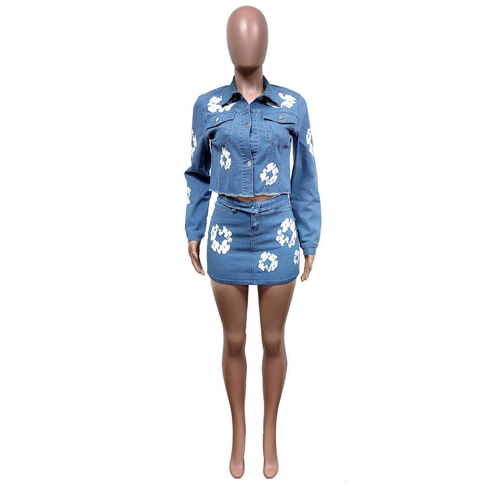 Women Tracksuits Two Pieces Set Designer 2024 New Denim Jacket Fashion Elastic Skirt Suit