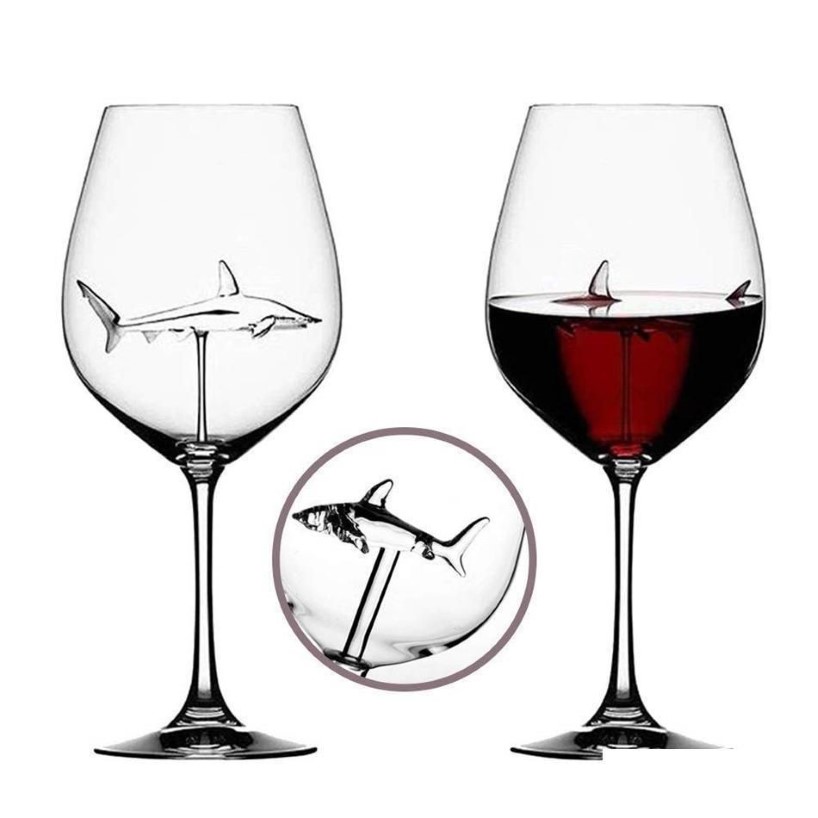 Bicchieri da vino rosso - Bicchiere da vino rosso in cristallo al piombo e titanio Elegance originale con squalo all'interno di vetreria a stelo lungo Nh02837