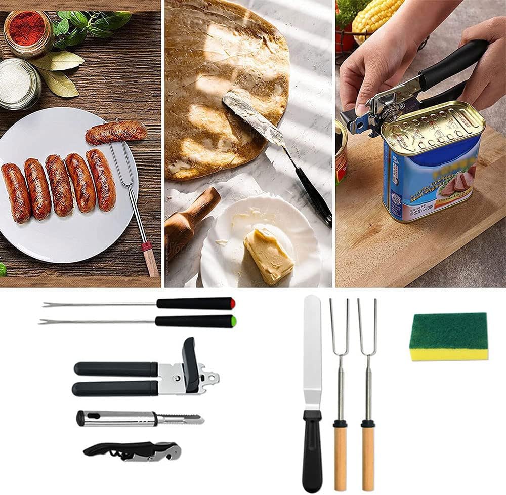 Ustensile de cuisine de camping portable, ensemble d'outils de barbecue en plein air-kit d'ustensiles de cuisine de 34 pièces, ustensile de cuisine et de grillade en acier inoxydable, parfait pour les voyages, les pique-niques, les camping-cars,