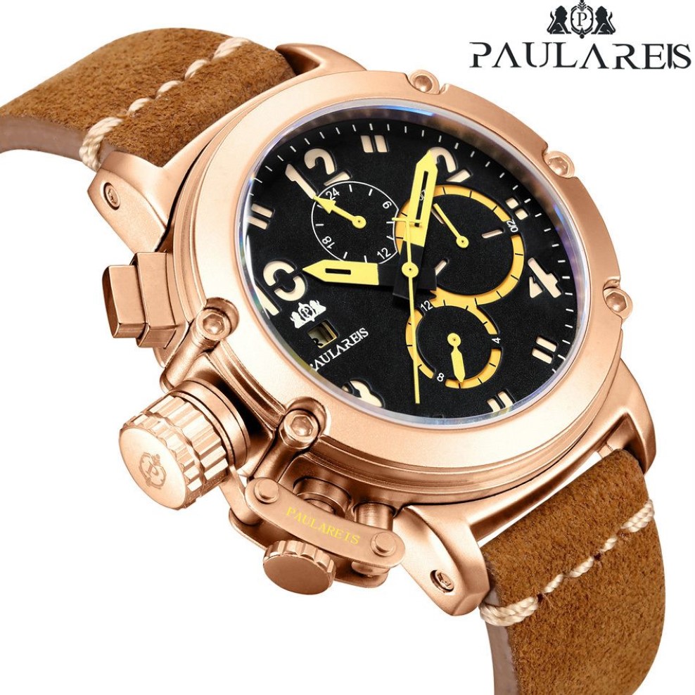 Men Automatic Self Wind Mechanical Genuine Brown Leather Multifunction Date Boat Month Luminous Limited Rose Gold Bronze U Watch L323b