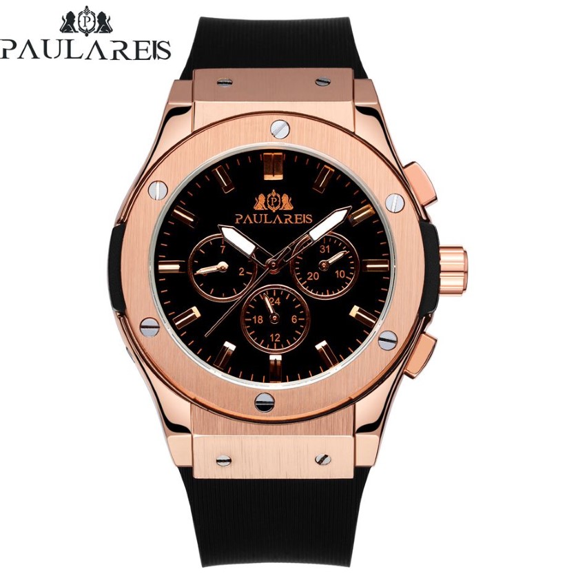 Orologio da uomo automatico automatico a carica automatica in oro rosa argento cassa nera cinturino in caucciù in pelle marrone orologio sportivo Geneve J190706286L