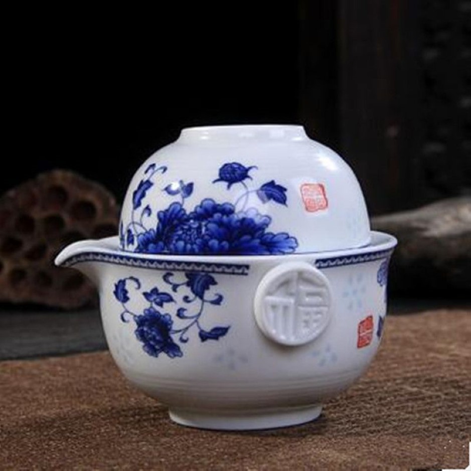 Service à thé en céramique comprenant 1 théière 1 tasse, Gaiwan élégante, belle et facile, bouilloire en porcelaine bleue et blanche, préférence 179W