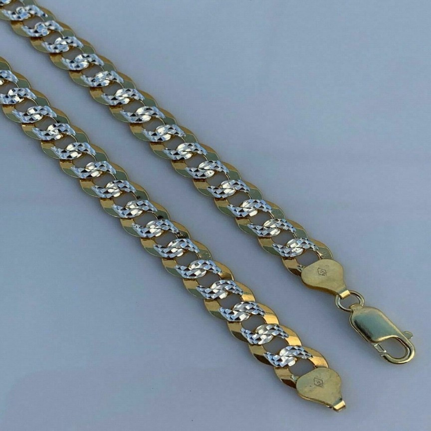 Men's Diamond Cut 8mm Cuban Chain 14k Gold Over Solid 925 Silver Two Tone ITALY182Q