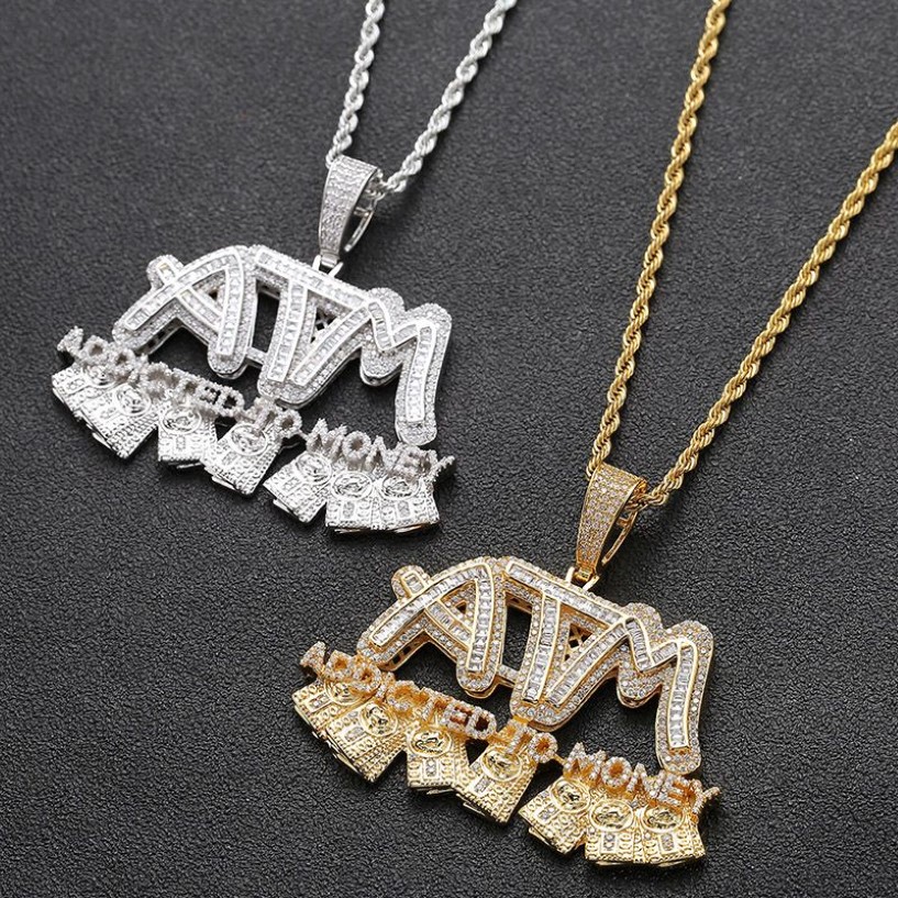 Hip Hop Micro Pave Cubic Zirconia Bling Iced Out Addicted To Money ATM colgantes collar para hombres rapero joyería oro Color293w