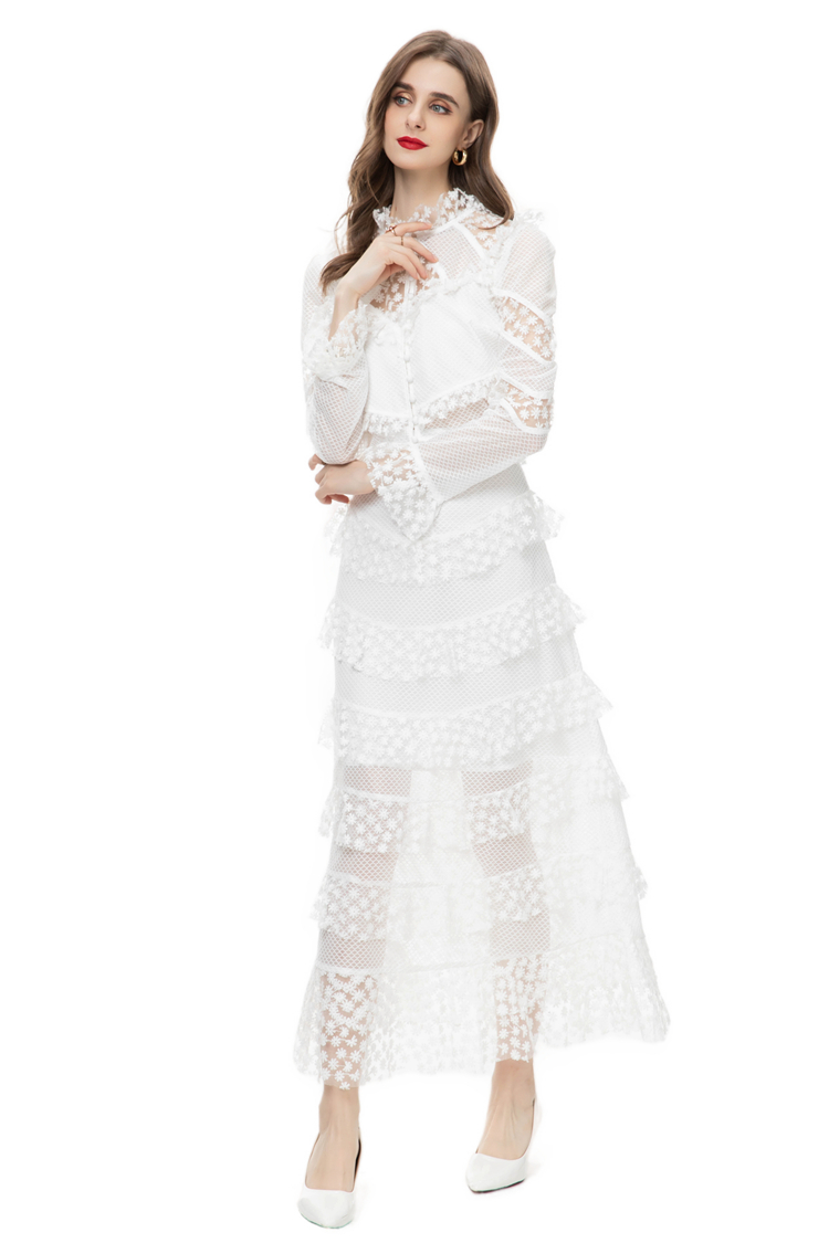 Women's Runway Designer Two Piece Dress O Neck Long Sleeves Lace Blouse with Tiered Ruffles Skirt Twinset Sets