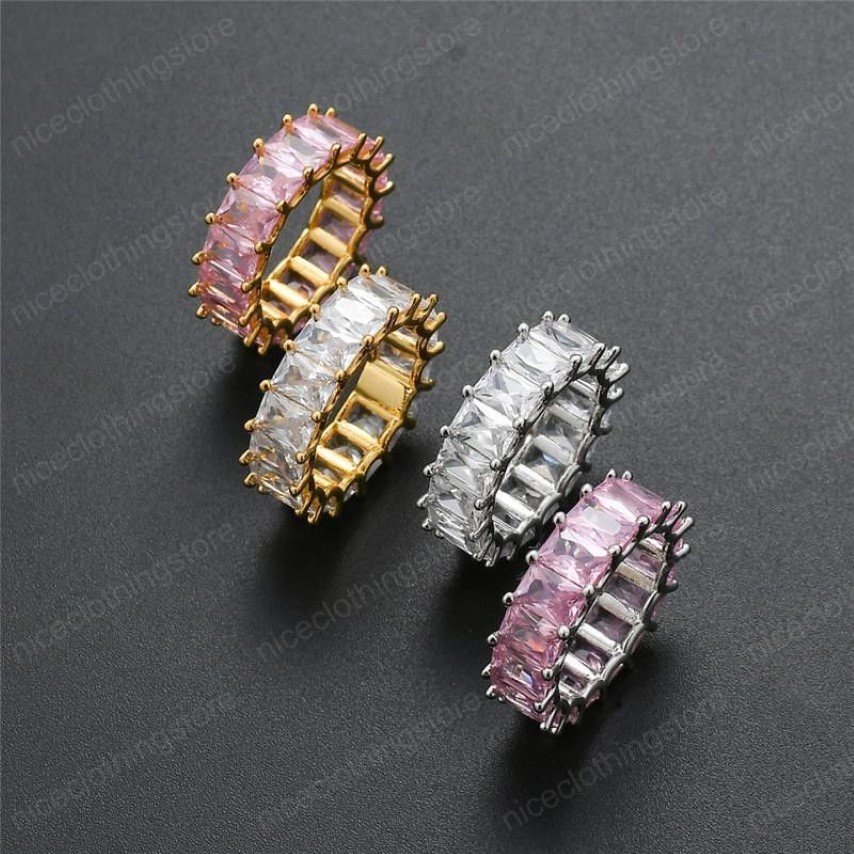 Europa en Amerika Ring Sieraden Goud Zilver Kleur Iced Out Helder Roze Vierkant Kubieke Zirkoon Sieraden Rings169e