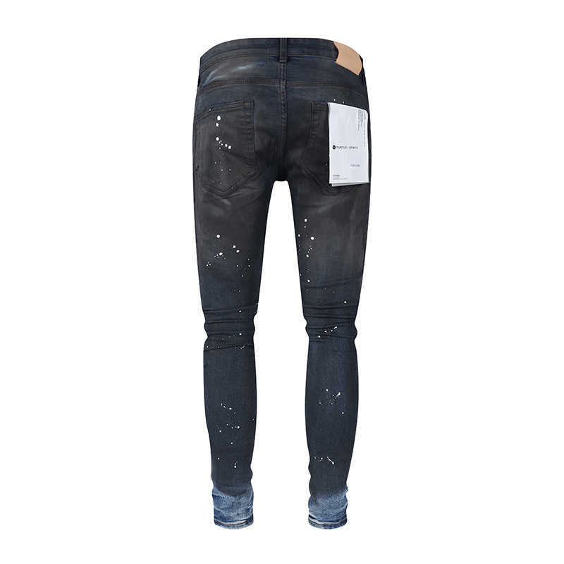 Designer-Herrenjeans der Luxusmarke Purple Man Lila, brandneue High-Street-Trendmarke in schwarz gewaschenem und gemahlenem Weiß mit Graffiti-Spritzer, Slim-Fit-Jeans für Herren