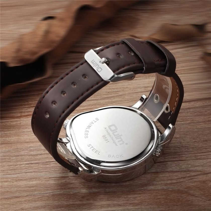 Oulm Fashion Silver Case Men's Watches Dual Time Zone Pu Leather Wristwatch Casual Sports Male Watch Relogio Masculino Wristw3040