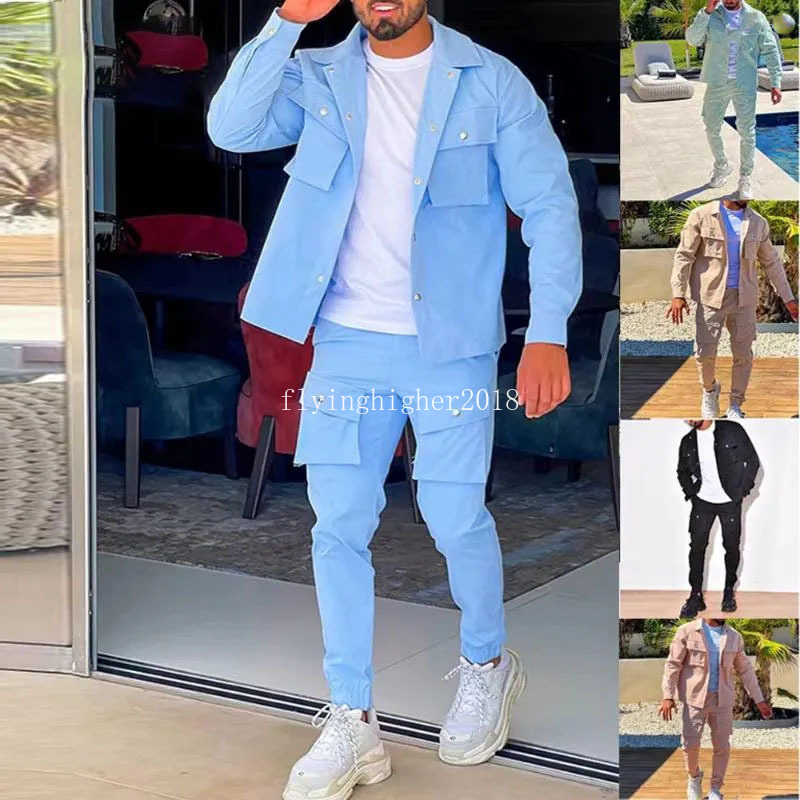 Herrspårar Jackor Jacka Lastbyxor set med Pocket Button Spring Fall Blue Tracksuit Högkvalitativ fast färg Male Fashion Suit