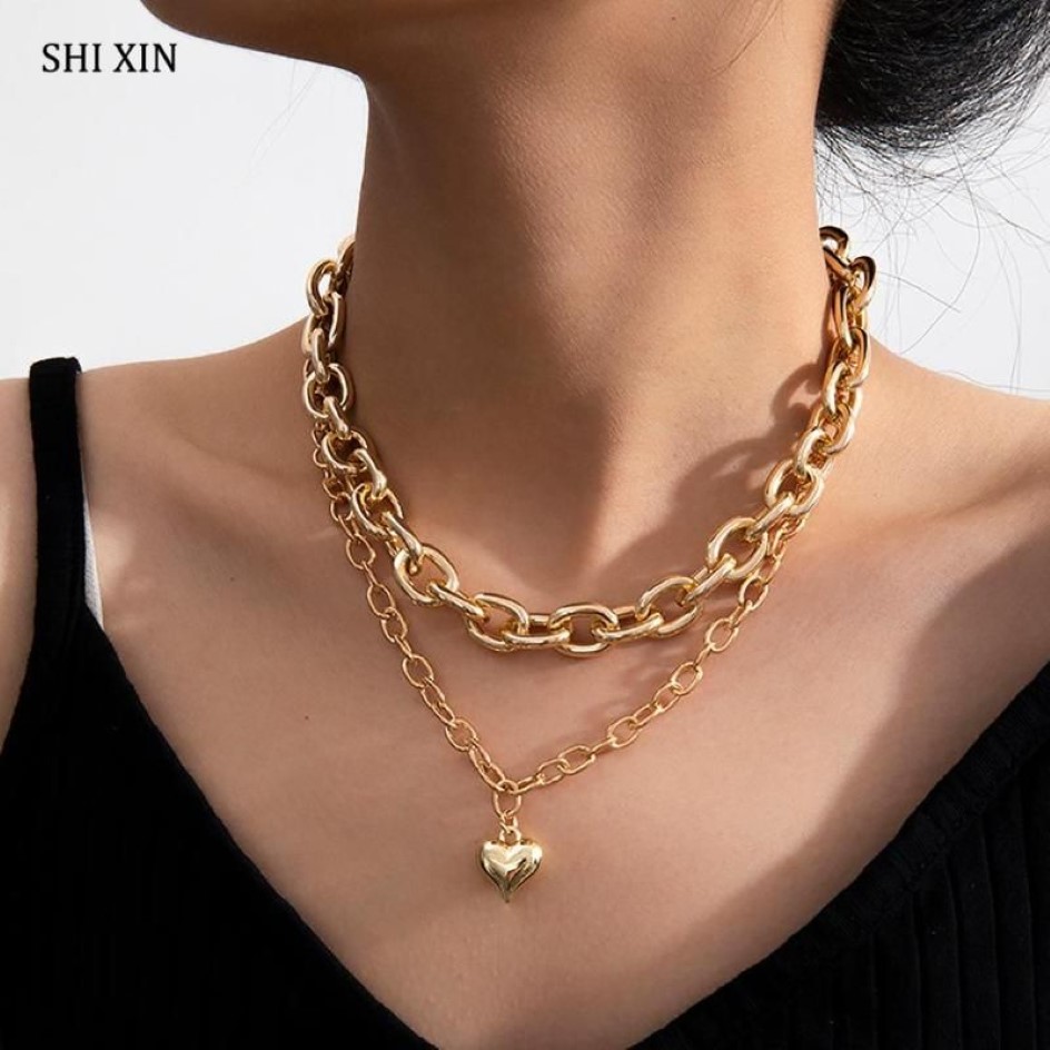 SHIXIN Mehrschichtige Liebes-Herz-Anhänger-Halskette für Frauen, Statement-Punk, klobige Ketten, Halsketten, Halsband, Collier, Paar-Schmuck273a