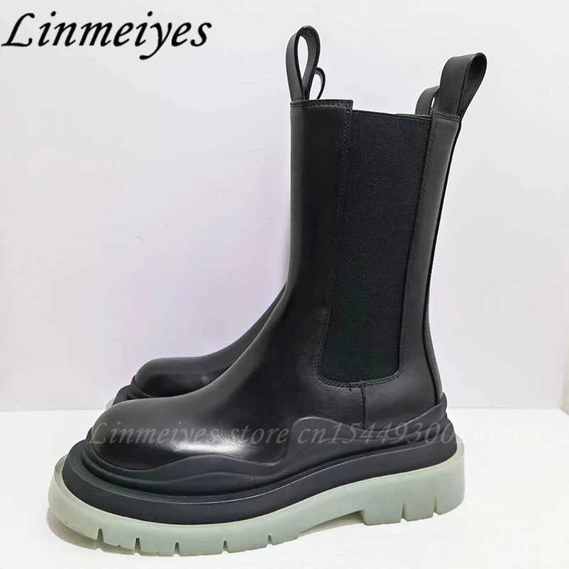 Botas clássicas chelsea botas femininas sola grossa meia panturrilha cor única plataforma sapatos de couro genuíno botas de motocicleta femininas