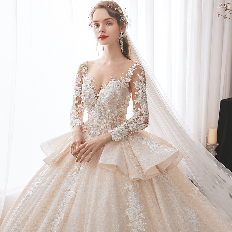 Jupe à volants élégante manches longues encolure dégagée robe de mariée robe de mariée brillant tulle perles appliques dentelle chapelle train robes de mariée à la main peuvent personnaliser