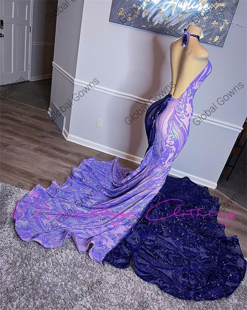 Sparkly Sequined Mermaid Long Prom Dresses Black Girls Halter Sleeveless Evening Dress Party Gowns Robes Vestidos Noche BC15518 0227