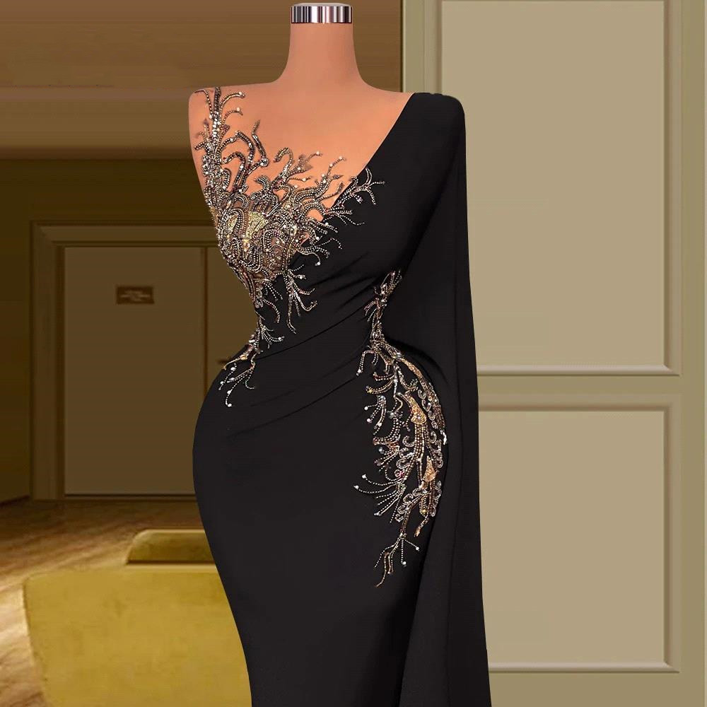 Elegantes vestidos de noche negros de manga larga, sirena sexy, cuello transparente con apliques bordados, pliegues, vestidos formales largos, vestido de fiesta BC18139 0227