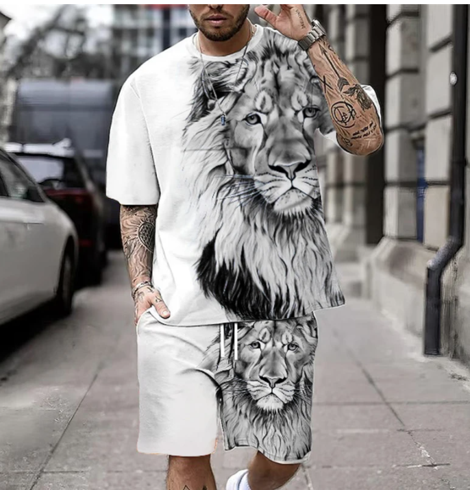 Плюс размер 3D принт льва Мужская классная футболка и шорты Комплект для спорта и фитнеса Летний уличный стиль Негабаритный графический 2 шт. Мужская одежда S-6XL