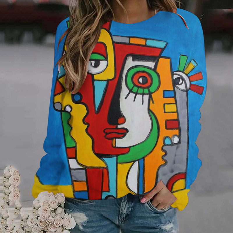 Vår 3D Digital tryckt kvinnors hoodie Abstract Face Stitching Mönster Långa ärmar Löst