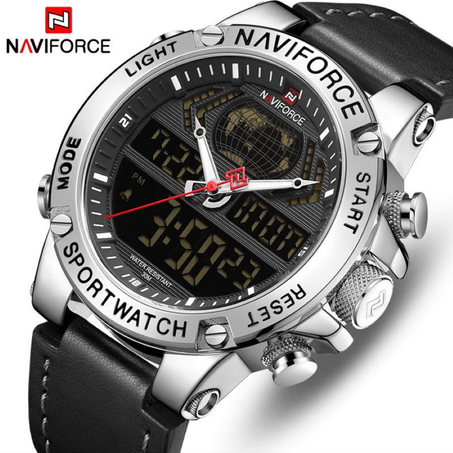 Naviforce Top Marka Erkek Moda Spor Saatleri Erkek Deri Su Geçirmez Kuvars Kolluluğu Askeri Analog Dijital Relogio Maskulino265L