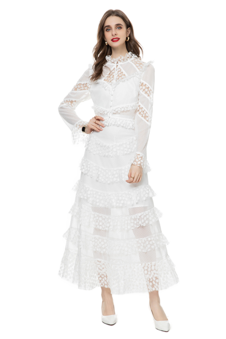 Women's Runway Designer Two Piece Dress O Neck Long Sleeves Lace Blouse with Tiered Ruffles Skirt Twinset Sets