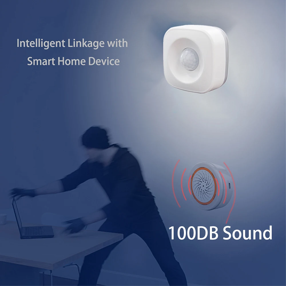 Detektorn Alexa Google Tuya Motion PIR Sensor Detektor utlöste 100dB Siren Sound Alarm Scare Off Burglers Home Alarm Security System Kit