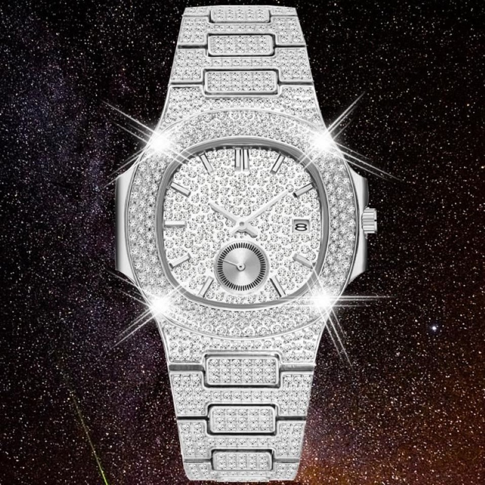 Orologio da uomo con goccia piena di diamanti ghiacciati Orologio da uomo impermeabile in acciaio inossidabile argento Orologio al quarzo da uomo Hip Hop Relogio265w