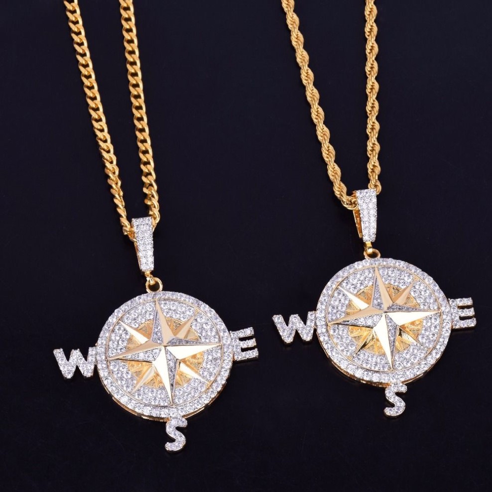 Pendenti collana a forma di bussola Oro argento Colore Ghiacciato Zircone cubico Gioielli hip hop da uomo con corda Catena231F