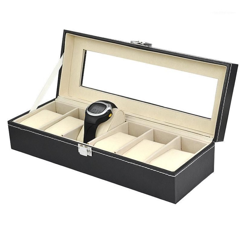 Custodie scatole orologi Custodia espositore a 6 griglie in ecopelle Organizzatore di stoccaggio nero1307U