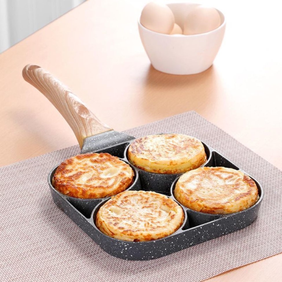 4 Hole Omelet Pan for Burger Eggs Ham Pancake Maker Wooden Handle Frying Pot Non-stick Cooking Breakfast 201223162f