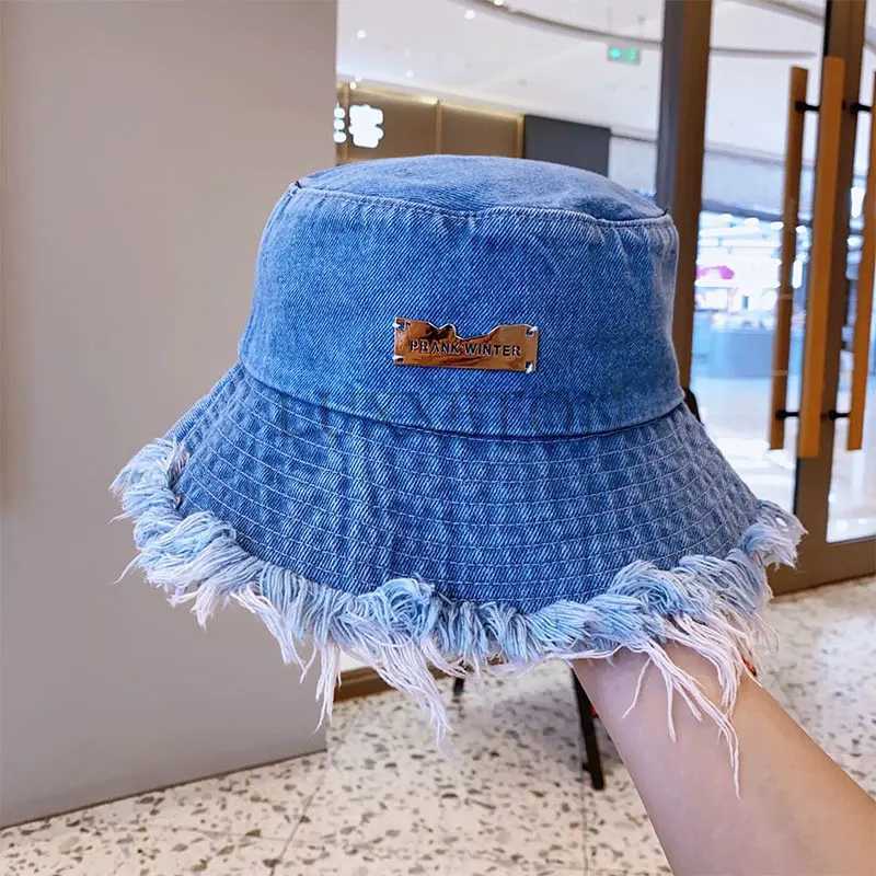Ball Caps Summer unisex tassel washed denim bucket hat for womens fashion wide brown foldable Panama hat outdoor beach fisherman hat J240226