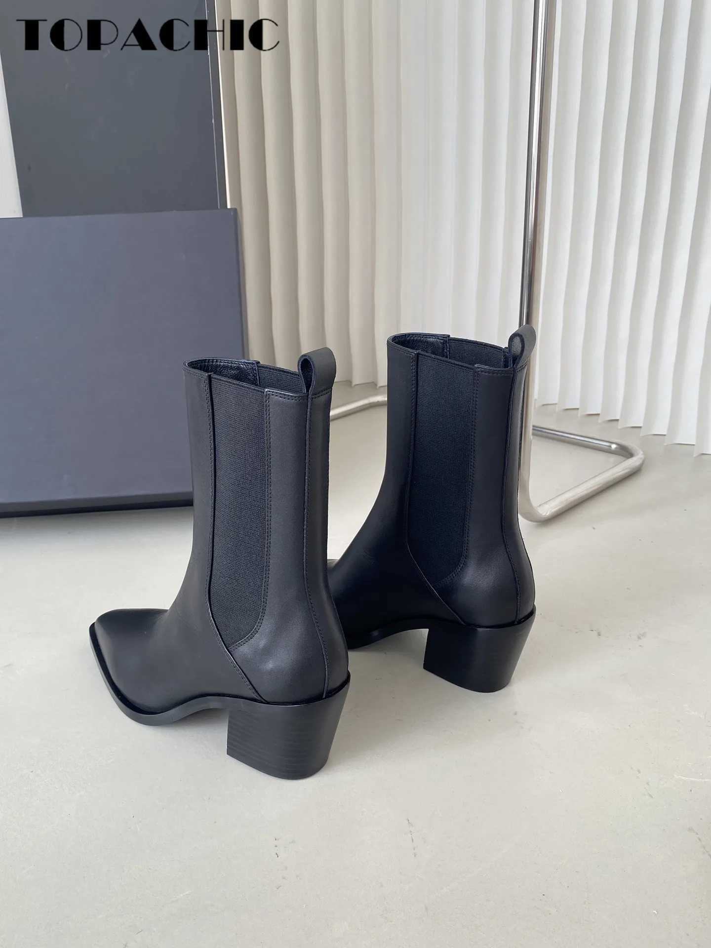 Bottes 6.20 haute qualité talon épais tempérament élégant en cuir véritable Patchwork extensible cheville Chelsea bottes femmes