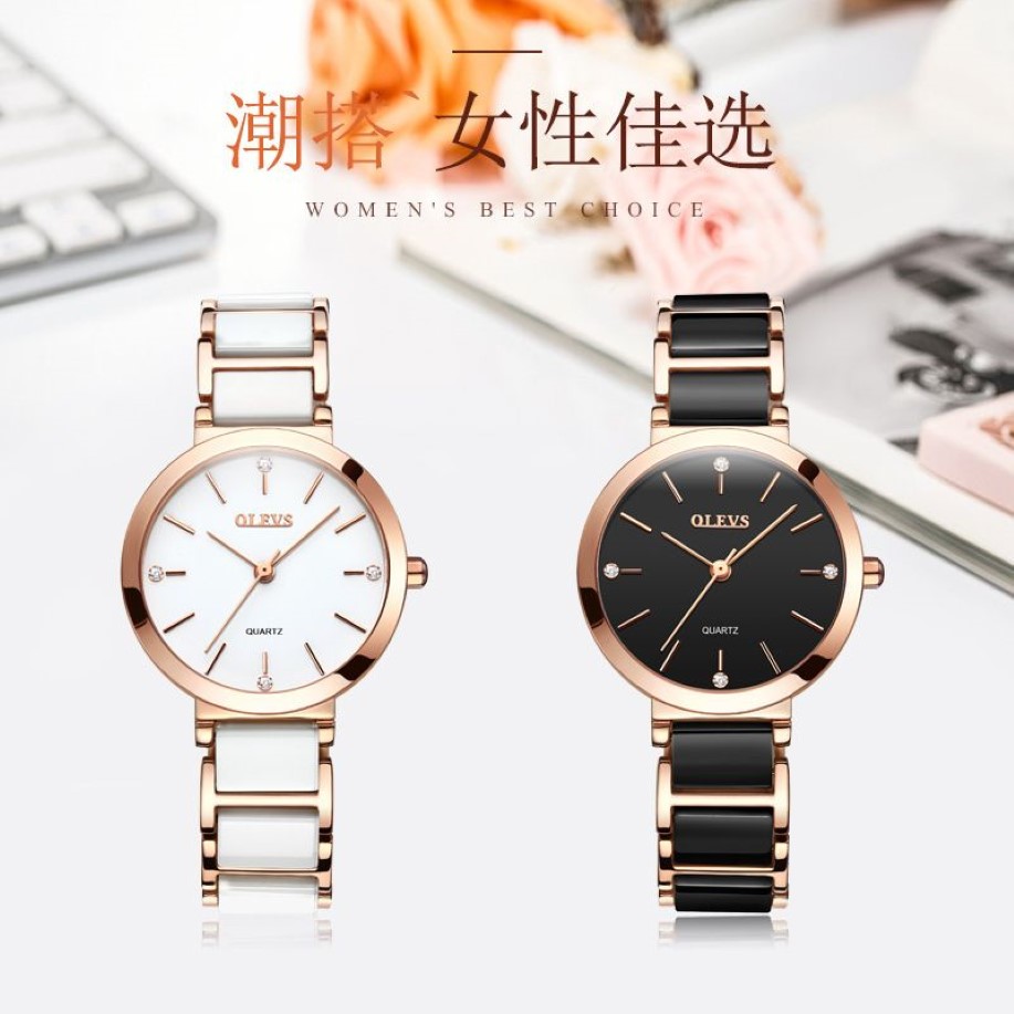 ニューブラックホワイトセラミックストラップエレガントなクォーツウォッチダイヤモンドクロノグラフ女性の防水時計レディファッション腕時計clo2239