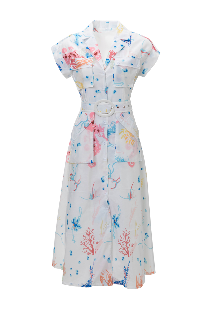 Women's Runway Dresses Notched Collar Short Sleeves Printed Elegant Mid Vestidos with Belt