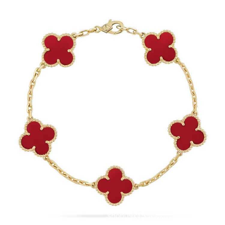 Joyería de diseño Pulsera de lujo VanCA Plata de ley Hierba de cuatro hojas Cinco flores Chapado en oro rosa de 18 quilates Fritillaria blanca Calcedonia de jade rojo