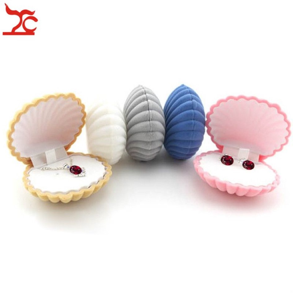 Hela 10st Shell Form Velvet Engagement Wedding Party Ring Case Cute Earrings Necklace Pendant Smycken Display Storage Organ2202