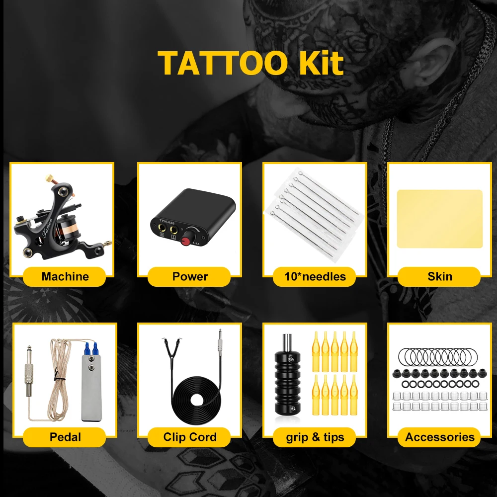 Séchants Tatoo Hine Gun Kit Gun avec alimentation Perte de pied Pédale Cord Cordon Pigment Encre pour les fournitures pour débutants de tatouage